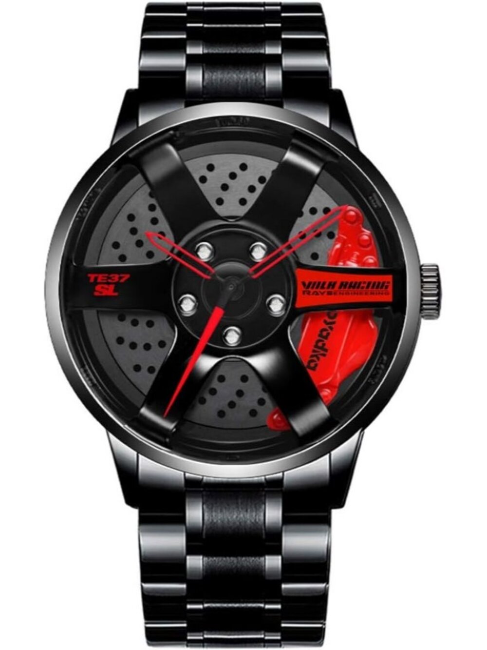 Men's Black Red Waterproof Stainless Steel Japanese Car Wheel Rim Hub Wristwatch